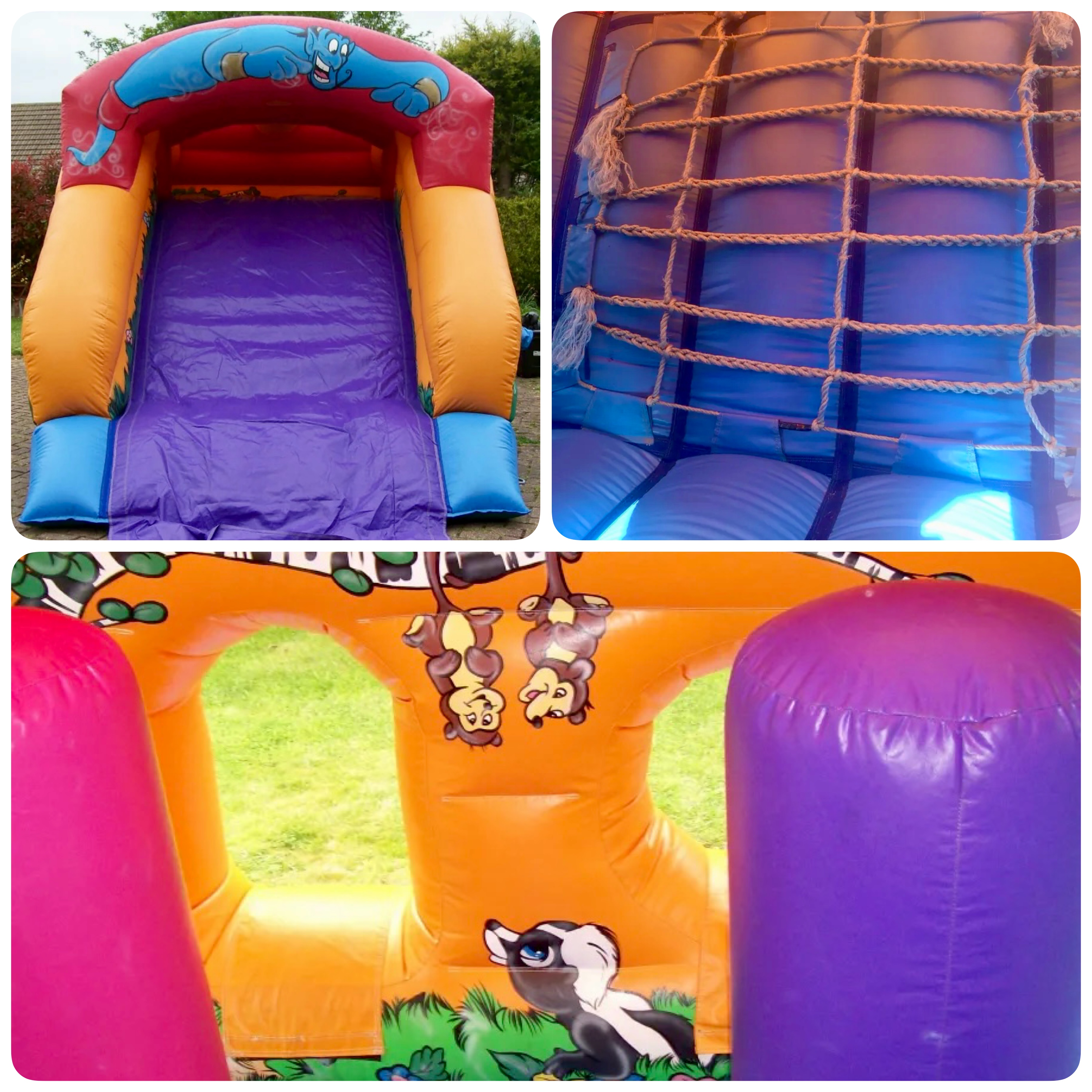 Cartoon Fun Run bouncy castle obstacles Cartoon Fun Run bouncy castle showing the fun-run obstacles, scramble net and 6ft slide