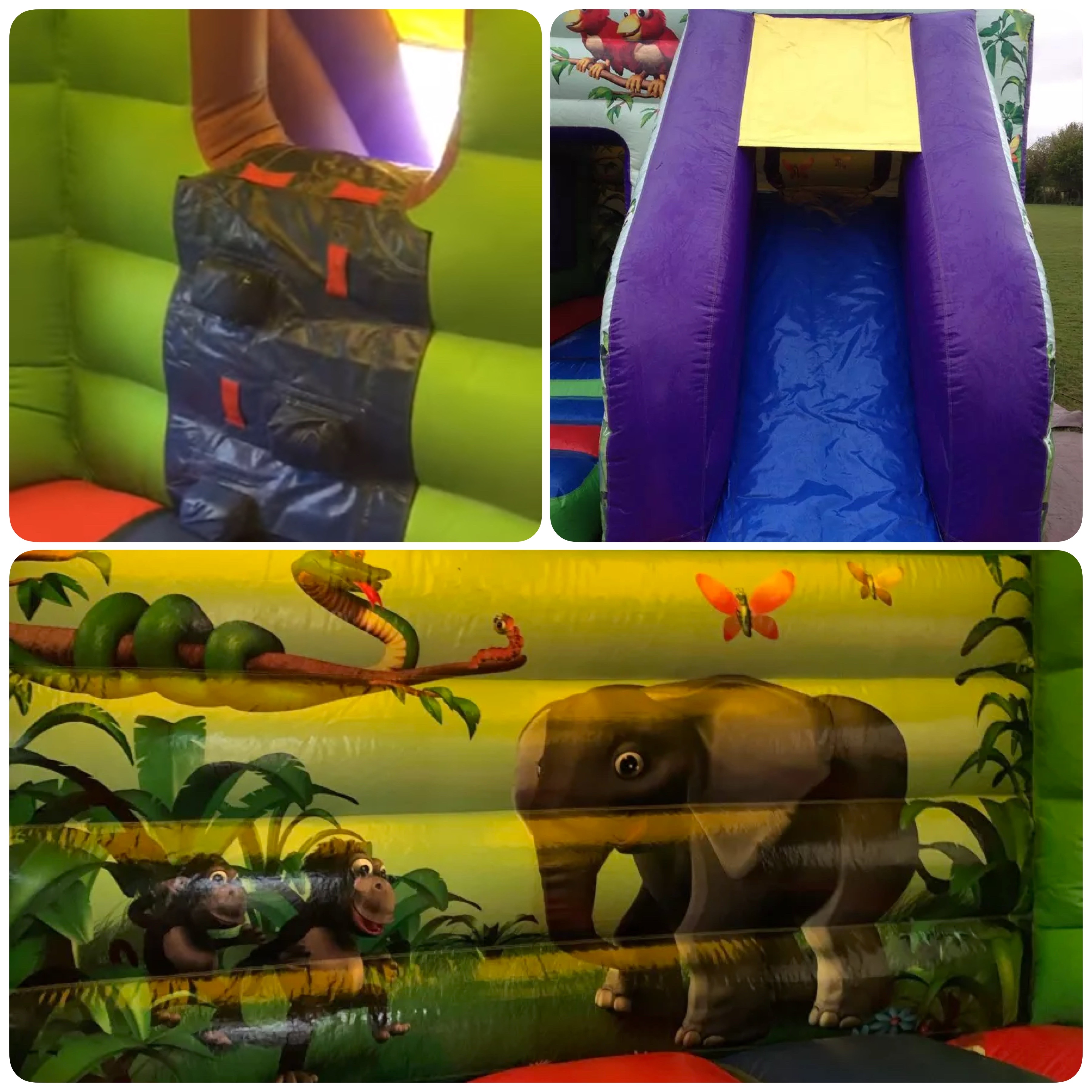Jungle Bounce & Slide Castle artwork, padded steps and slide Jungle Bounce & Slide Castle showing the jungle artwork, padded steps and built-in slide