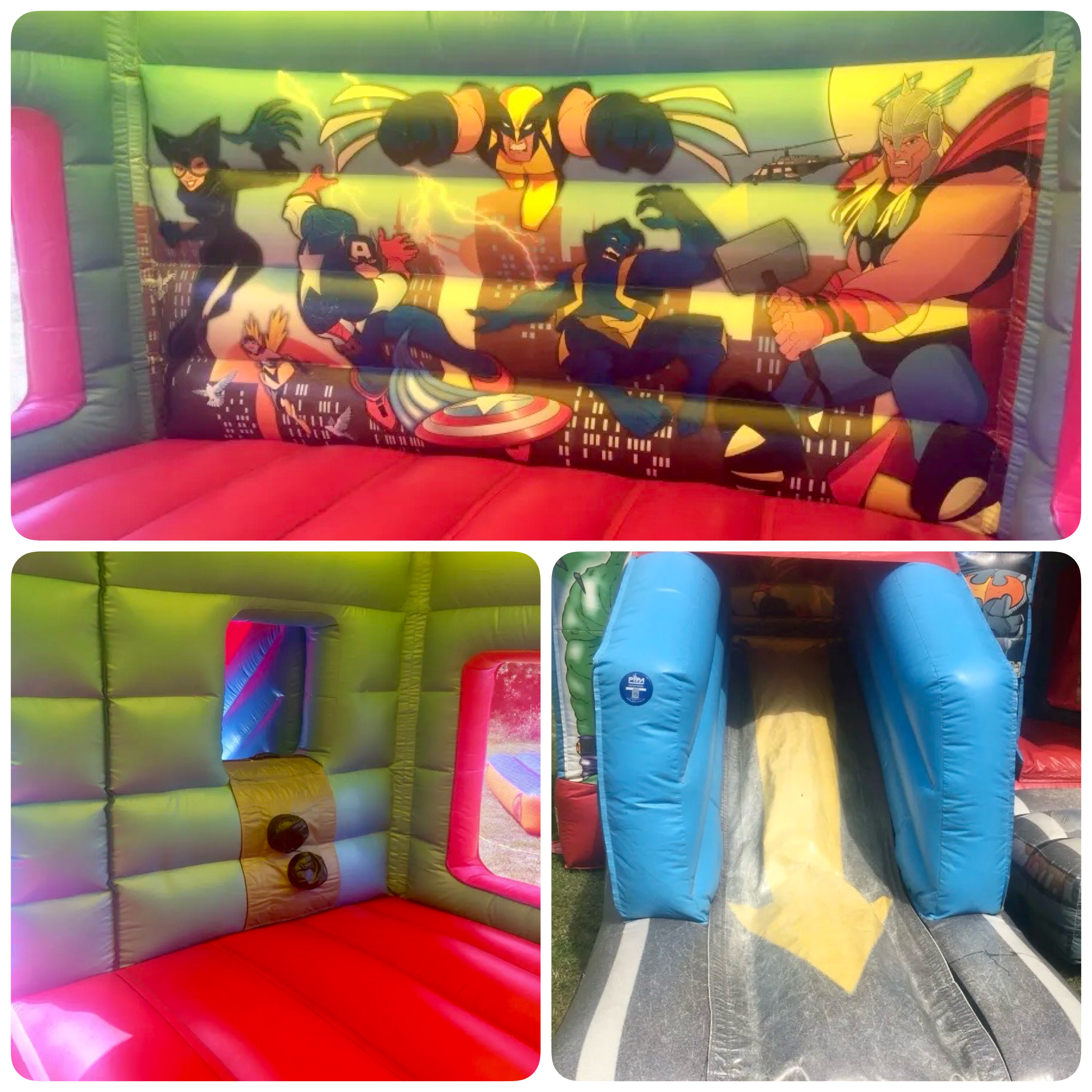 Superheroes & Slide bouncy castle showing the bouncing area, slide and padded steps