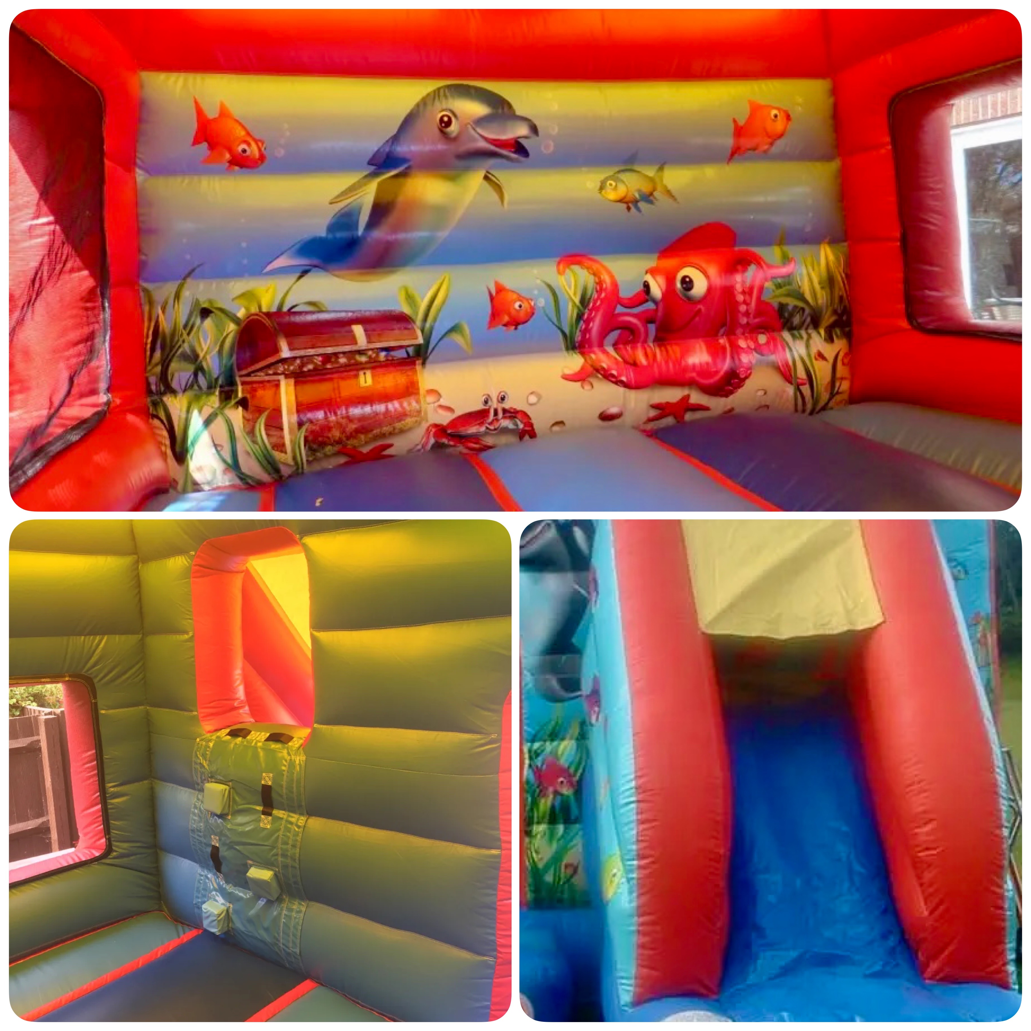 Under The Sea Bounce & Slide Castle showing the colourful sea-life artwork, bouncing area and slide